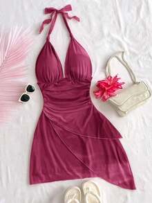 Vestido mini romántico para vacaciones con escote halter en V, con lazada, malla arrugada y bajo asimétrico en degradado vintage sexy para mujer - Rosa Fucsia - Ver 1