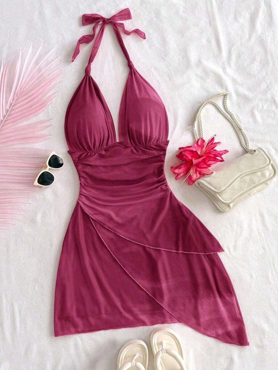 Vestido mini romántico para vacaciones con escote halter en V, con lazada, malla arrugada y bajo asimétrico en degradado vintage sexy para mujer - Rosa Fucsia - Ver 1