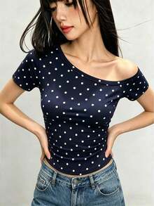 Camiseta casual de mujer con cuello asimétrico y decoración de cuentas, para verano - Azul marino - Ver 3