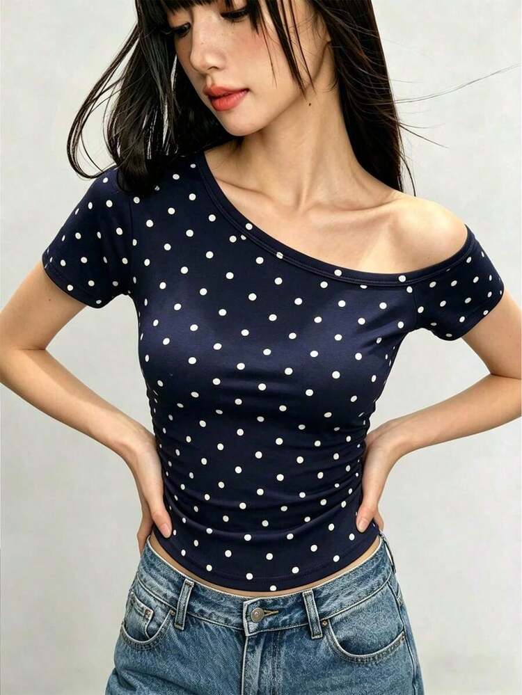 Camiseta casual de mujer con cuello asimétrico y decoración de cuentas, para verano - Azul marino - Añade 3