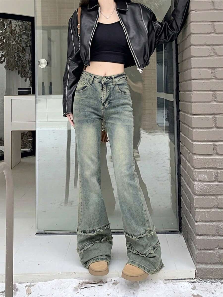 Solid Color Casual Washed Denim High Waist Women Jeans, Everyday Wear All Season - Blue - View 1