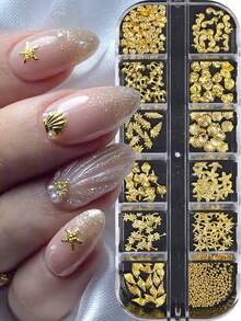 12入金色夏季海洋風美甲裝飾飾品 合金海星貝殼海馬 金色美甲配件 亮面海灘主題美甲DIY裝飾 女士女孩沙龍夏季美甲用品 - 金色 - 查看 2