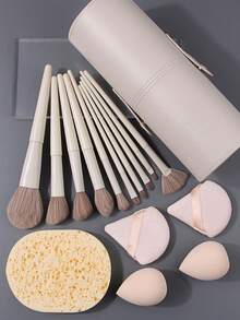 16 piezas Juego de brochas de maquillaje profesional, que incluye brocha para rubor, brocha para contorno, brocha para base, brocha para nariz, brocha para sombra de ojos, brocha para cejas, brocha para labios, brocha de detalle, cerdas suaves, brochas para maquillaje de rostro y ojos, con borla de polvo súper suave y esponja de maquillaje de doble uso, viene con tubo de almacenamiento, kit de brochas de maquillaje portátil - Albaricoque - Ver 5