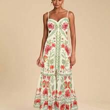 Women's Summer Vacation Floral & Geometric Print Hollow Ruffle Hem Maxi Slip Dress,Summer Beach Outfits, Christmas Party Clothes, New Year Look, Thanksgiving Outfits, Elegant Dresses Party, Tropical Vacation Dress, Garden Party Dress, Wildflower Dress,Christmas Outfit, New Year Clothes, Thanksgiving, Chic Elegant Dress For Party, Luxury Wedding Guest Party Dress,  Cocktail Dress - Rojo - Ver 11