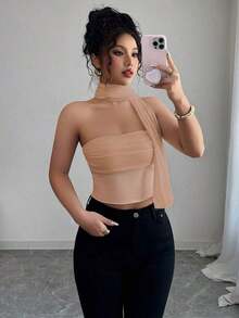 Top de camisola plisado con decoración de bufanda de malla elegante para mujeres - Caqui - Ver 7