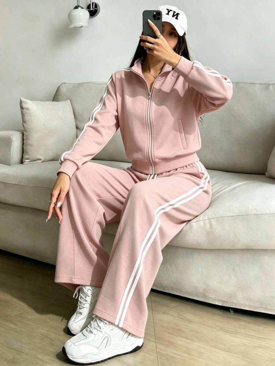 Conjunto De Top Corto De Manga Larga Y Pantalón Para Mujer Con Diseño De Bloques De Color - Rosa - Ver 1