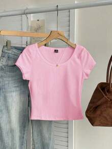 Camiseta ajustada de mujer de cuello de pico, manga raglán, color azul claro, estilo minimalista casual, 95% algodón - Rosa - Ver 7