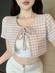 Camiseta de manga corta con nudo delantero y estampado de cuadros, top corto para mujeres - Albaricoque - Ver 1