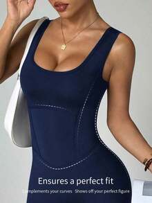 Mono de mujer negro de ropa deportiva, diseño de cintura alta, cuello en U y espalda en U, adecuado para uso diario casual, gimnasio, yoga, correr, primavera/verano - Azul marino - Ver 2