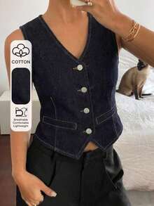 Chaleco vaquero casual con cuello en V para mujer - Azul lavado oscuro - Ver 8