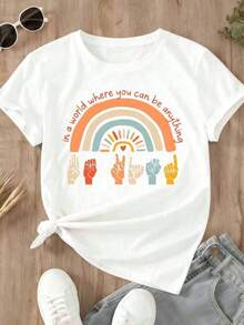 Women's Short-Sleeved T-Shirt With A Graphic Print Of Rainbow Hands And Diversity In A World Where You Can Be Anything, For Everyday Casual Wear. Blouse, Shirt > Beautiful. - 白色 - 查看 3