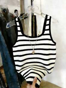 Camiseta sin mangas de escote cuadrado con ribete para mujer, ideal para el verano, vacaciones y uso diario - Blanco y Negro 2 - Ver 4