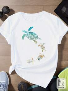Camiseta de Mujer con Nudo de Tortuga - Bonita camiseta casual con diseño de tortuga en azul, verde y marrón, adecuada para salidas de verano, entrenamientos o para la playa. - Blanco - Ver 7