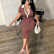 Women's Casual Minimalist Fashion Commuter Style Short Sleeve Black & White Striped Polo Dress, Knit High Stretch Fitted Mid-Length Dress, French Elegant Dress V Neck Striped Dress Striped Bodycon Dress Curve Casual Dress V Neck Dresses Women Bodycon Summer Dress - Café integral - Ver 7