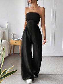 Mono de pierna ancha informal de mujer de talla grande, de algodón, con tirantes finos y espalda descubierta, para verano - Negro - Ver 5