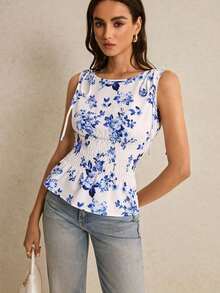 Blusa de cuadros verdes con cuello redondo, cintura con lazo y volantes en el bajo, hombros con lazo, para verano, tops de mujer, tops de verano, tops de concierto, tops de playa, tops con volantes, tops con lazo delantero, tops bohemios, tops de - azul real - Ver 4
