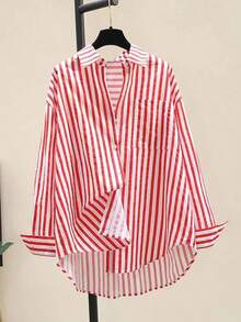 Camisa de manga larga casual con bolsillo en el pecho y estampado de rayas para mujeres, otoño e invierno - Rojo - Ver 5