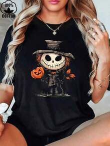 NEWElain Moda 1 PC 100% Algodón Diseño Vintage de Esqueleto Jack-O'-Lantern Sudadera de Halloween 220g Algodón Pesado Camiseta de Impresión para Mujeres de Halloween  Diseño exquisito    Suelto y cómodo    Fácil de combinar-Vintage Street Style Unisex Loose Cotton Short Sleeve Crew Neck T-Shirt - Negro - Ver 1