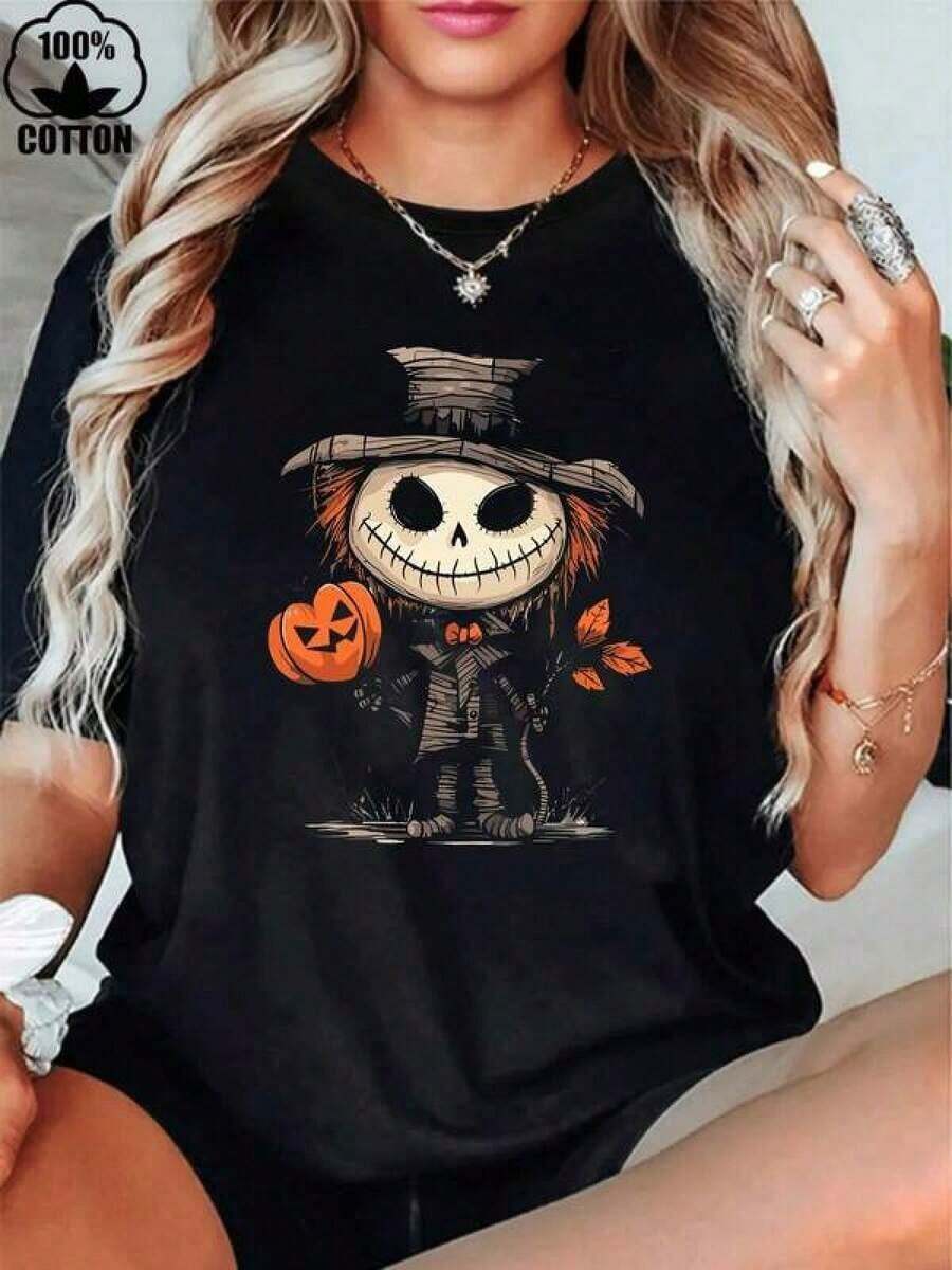 NEWElain Moda 1 PC 100% Algodón Diseño Vintage de Esqueleto Jack-O'-Lantern Sudadera de Halloween 220g Algodón Pesado Camiseta de Impresión para Mujeres de Halloween  Diseño exquisito    Suelto y cómodo    Fácil de combinar-Vintage Street Style Unisex Loose Cotton Short Sleeve Crew Neck T-Shirt - Negro - Ver 1