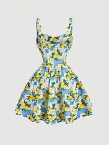 Vestido midi acampanado con cintura fruncida y estampado de flores, con decoración de lazo.Ideal para rave, estilo bohemio, conciertos, graduación, romántico, verano, elegante, vacaciones, fiestas, fluido, invitada de boda, té, modesto, baile d - Multicolor - Ver 6