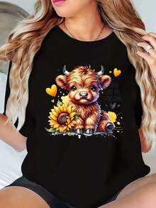 Camiseta con estampado de vaca de las Highlands, cómoda, de cuello redondo y manga corta, adecuada para el uso diario en primavera y verano.| Camiseta con Estampado Atrevido| Camisa lavable a máquina - Negro - Ver 5