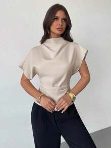 Blusa de bambú y lino con cuello arrugado, mangas asimétricas, plisado lateral y cintura ceñida, para uso diario, color albaricoque, para todas las estaciones - Albaricoque - Ver 4