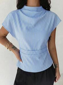 Blusa de bambú y lino con cuello arrugado, mangas asimétricas, plisado lateral y cintura ceñida, para uso diario, color albaricoque, para todas las estaciones - Azul y blanco 2 - Ver 7