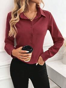 Blusa de unicolor informal para mujer para usar en el trabajo/diario, primavera-verano, con mangas largas - Burdeos - Ver 3