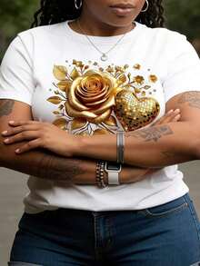 Women's T-Shirt 100% Cotton Retro Bright Yellow With Gold And Pink Heart Print, Short Sleeve, Round Neck, Gold Leaf Design, Machine Washable, For Valentine's Day, Spring And Summer. - White - View 4
