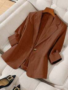 Blazer de lino de 3/4 de manga con cintura ajustable, diseño de botones, adecuado para ir al trabajo, eventos formales, fiestas elegantes, ropa de oficina - Primavera, Verano, Otoño - Óxido marrón - Ver 1