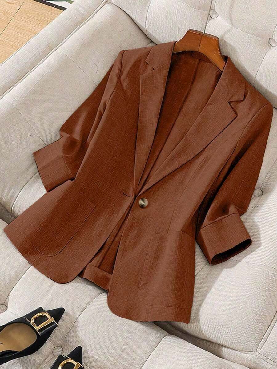 Blazer de lino de 3/4 de manga con cintura ajustable, diseño de botones, adecuado para ir al trabajo, eventos formales, fiestas elegantes, ropa de oficina - Primavera, Verano, Otoño - Óxido marrón - Ver 1