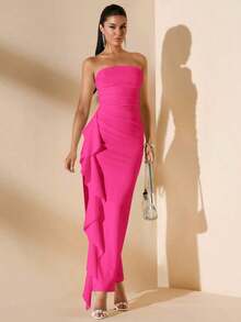 Vestido de dama de honor de boda de verano, vestido largo blanco con pliegues, abertura alta, volantes y tiras para fiesta, sin mangas y sin tirantes, sexy - Rosa Fucsia - Ver 8
