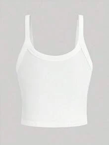 Top de tirantes corto de punto acanalado de unicolor minimalista para uso casual y diario de verano para mujeres - Blanco 2 - Ver 2