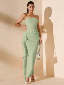 Vestido de dama de honor de boda de verano, vestido largo blanco con pliegues, abertura alta, volantes y tiras para fiesta, sin mangas y sin tirantes, sexy - verde menta - Ver 6