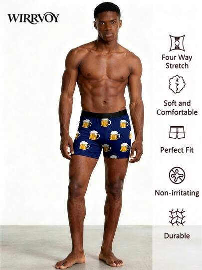 1 Pack Funny Beer Mug Print Boxer Briefs, Beer Lover Style Men's Underwear Men's Fashion Navy Blue Beer Glass Print Boxer Briefs, Comfy Casual Daily Wear Underwear,Anniversary Gift, Valentine Gift, Birthday Gift, Wedding Gift, Best Friend Gift, Gift For Boyfriend, Gift For Husband, Gift For Him