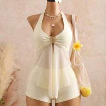 Conjunto de bikini elegante de estilo vacacional con decoración metálica y empalme de malla, y traje de baño tipo tankini con tirantes finos - Amarillo claro - Ver 1