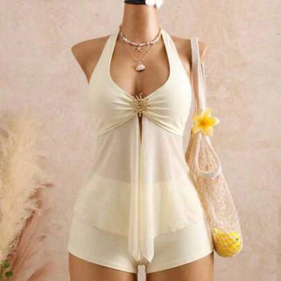 Conjunto de bikini elegante de estilo vacacional con decoración metálica y empalme de malla, y traje de baño tipo tankini con tirantes finos - Amarillo claro - Ver 1