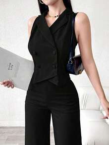Conjunto de traje azul de doble botonadura para mujer - Negro - Ver 1