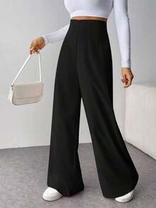 Pantalones anchos de cintura alta con textura, de moda minimalista y casual, ideales para volver al colegio - Negro - Ver 5