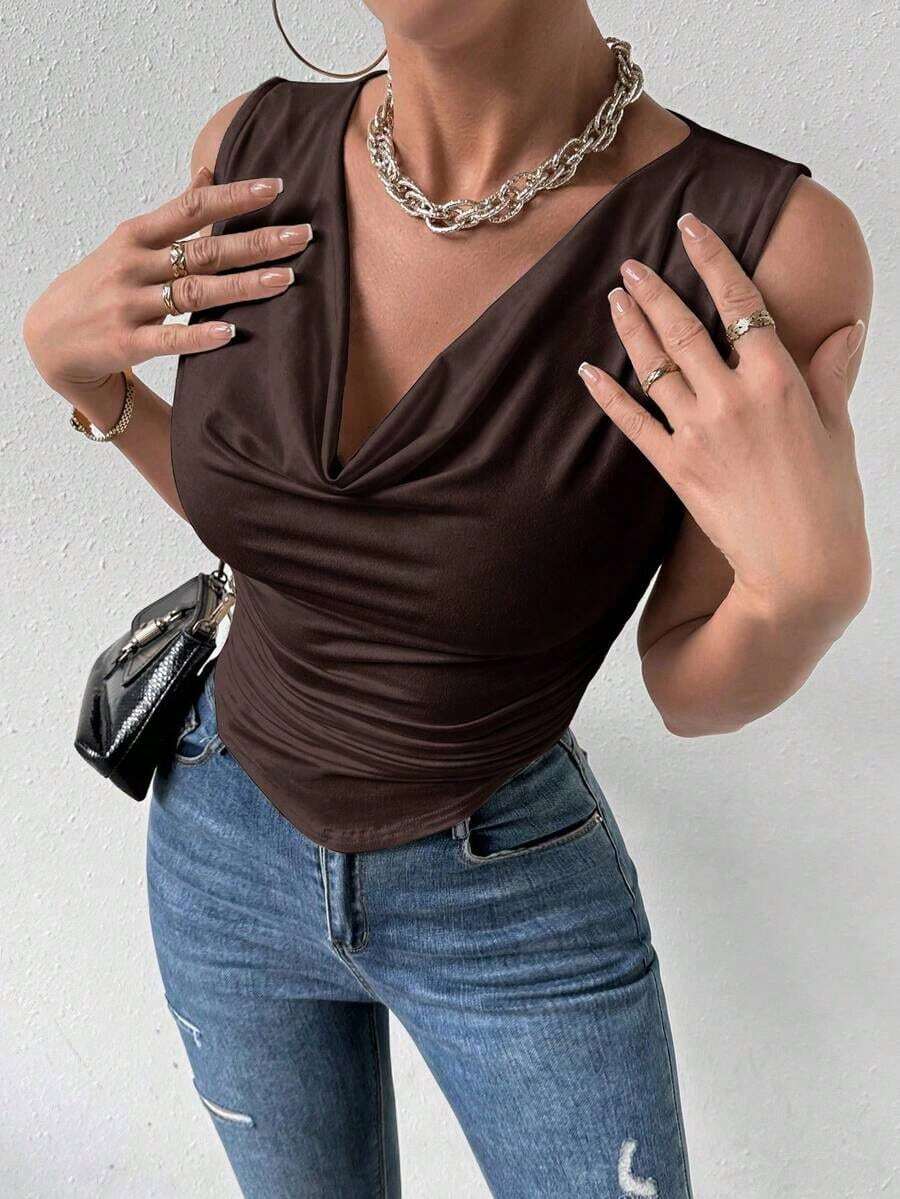 Blusa sin mangas blanca para mujer, adecuada para la oficina, de vuelta a la temporada escolar, otoño - Marrón - Ver 1