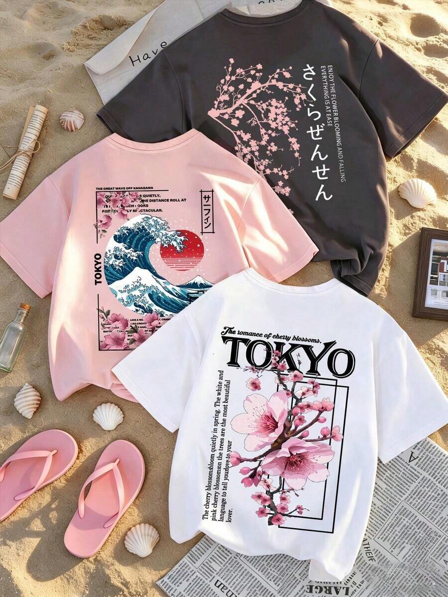 Conjunto de 3 piezas de moda de verano con estampado de paisaje de flores de cerezo, camiseta casual de manga corta con cuello redondo, top versátil para mujer. - Blanco - Ver 1