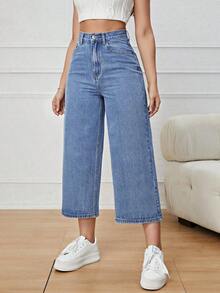 Jeans casuales de cintura alta con bolsillos y pierna ancha - Azul lavado medio - Ver 2