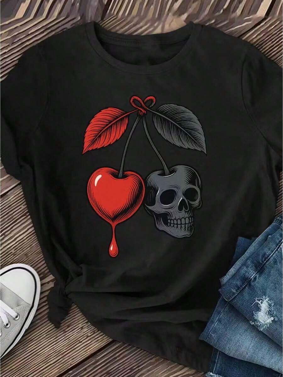 Camiseta Casual de Manga Corta para Mujer con Estampado de Cerezas y Calaveras | Camiseta casual color granate con diseño de frutas rojas y calaveras, cuello redondo de elasticidad media, adecuada para primavera, verano y otoño, camiseta casual de talla grande para mujer, camiseta de manga corta de algodón puro estampada, cuello redondo, tela elástica, camiseta de moda para primavera/verano, un regalo ideal para madres y mujeres. Regalo para el Día de la Madre, Tallas S-5XL Moda - Negro - Ver 1