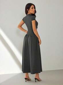 Vestido casual largo plisado de manga abullonada y cuello alto en unicolor para mujer, de verano - Gris - Ver 2