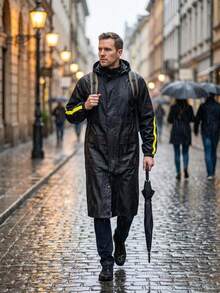 1件裝戶外騎行配色長版雨衣，男款輕量一體式連帽長版雨衣附收納袋，適用於戶外露營、雨天騎行、釣魚、健行、登山 - 彩色 - 查看 4