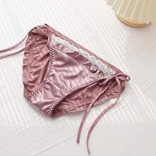 Women's Sexyys Satin Panties Lace Silk Underwear Luxury Low Waist Side Tie Panty Breathable String Bikini Briefs - màu nâu - Xem 6