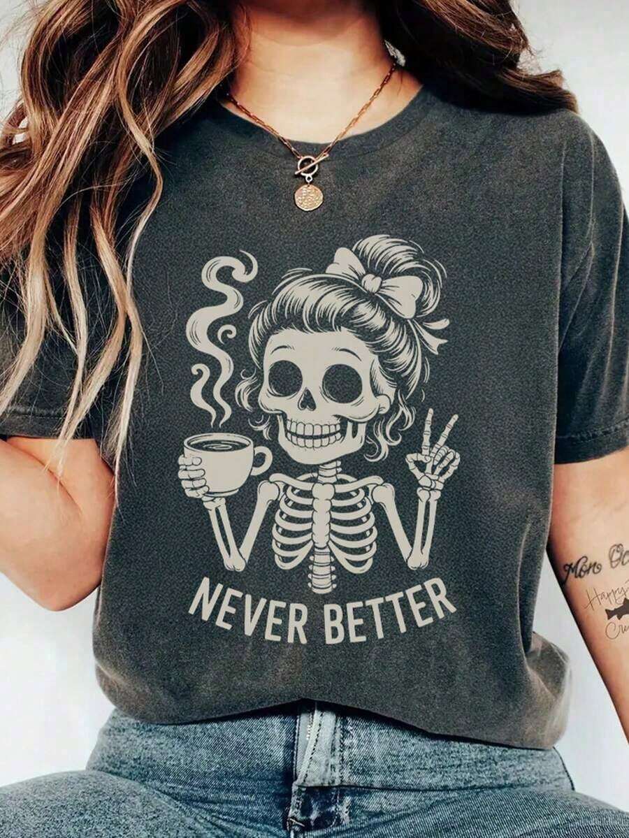 Camiseta de moda para mujeres de talla grande de con eslogan de letra de calavera de café, cuello redondo y manga corta. - Gris oscuro 7 - Ver 1