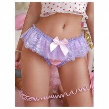 's Ruffle Lace Trim Underwear Satin Cute Bow Mid Rise Comfy Bikini Panty - 紫色 - 查看 5