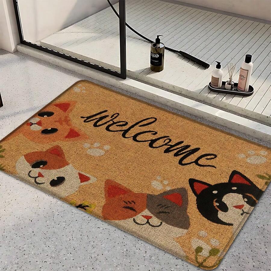 1pc Cat Pattern Printed Linen Kitchen Rug, Doormat, Bath Mat, Hallway Mat, 3D Printed Rectangle Carpet For Living Room, Bedroom, Corridor, Bathroom, Laundry Room - Polyester Rug For Indoor And Outdoor Home Decor - Multicolor - View 1