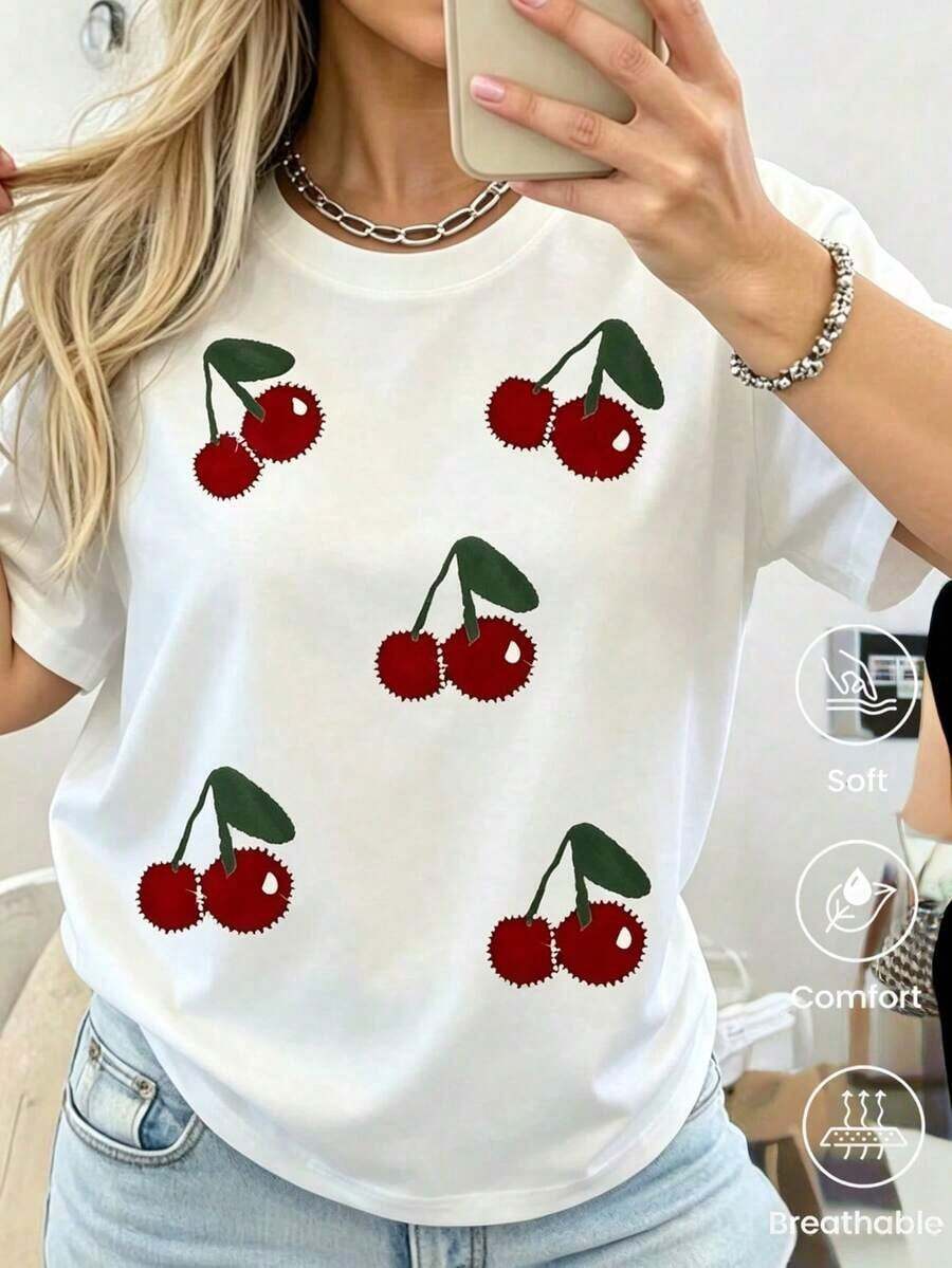 Niche Design 180g Made In Mexico, Spring/Summer 2026 Fashion Short Sleeve T-Shirt, Cartoon Print, Couple Style, Underwear/Outerwear, Casual Office Crew Neck, Unisex One Piece Top 100% Cotton - 白色的 - 查看 1